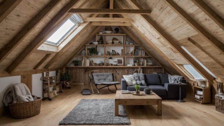 Salon chaleureux sous combles aménagés avec poutres en bois apparentes, Velux et étagères intégrées — inspiration aménagement de combles